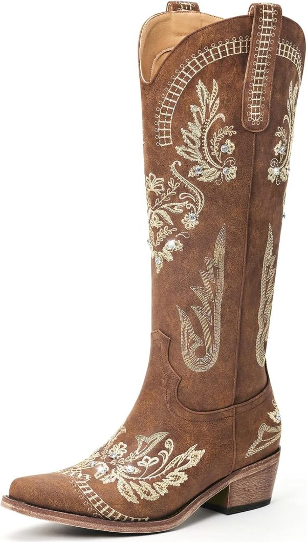 Dixhills Brown Cowboy Boots for Women - Wide Calf Knee High Cowgirl Boots, Glitter Sparkly Rhinestone Western Country Boots with Classic Embroidery, Pointed Toe Pull On Zipper Retro Boots Size 10